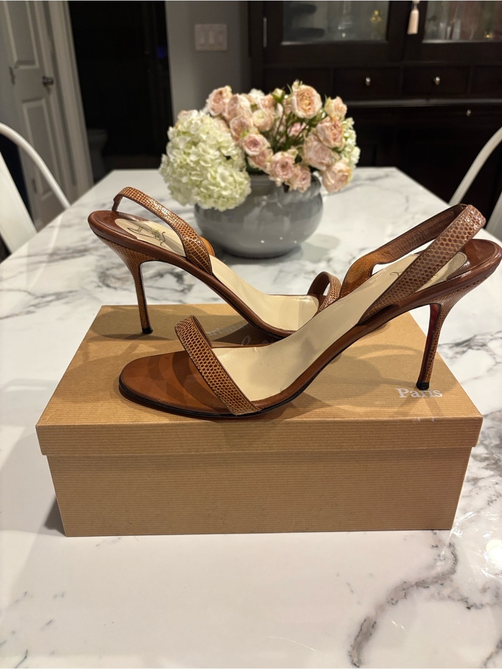 Christian Louboutin Brown Textured Strap Leather Slingback Heels - Picture 3 of 6